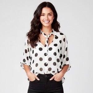 Nasty Gal Polka Dot Sheer Button Up Blouse Dolman Sleeve Cutout Back Women Small